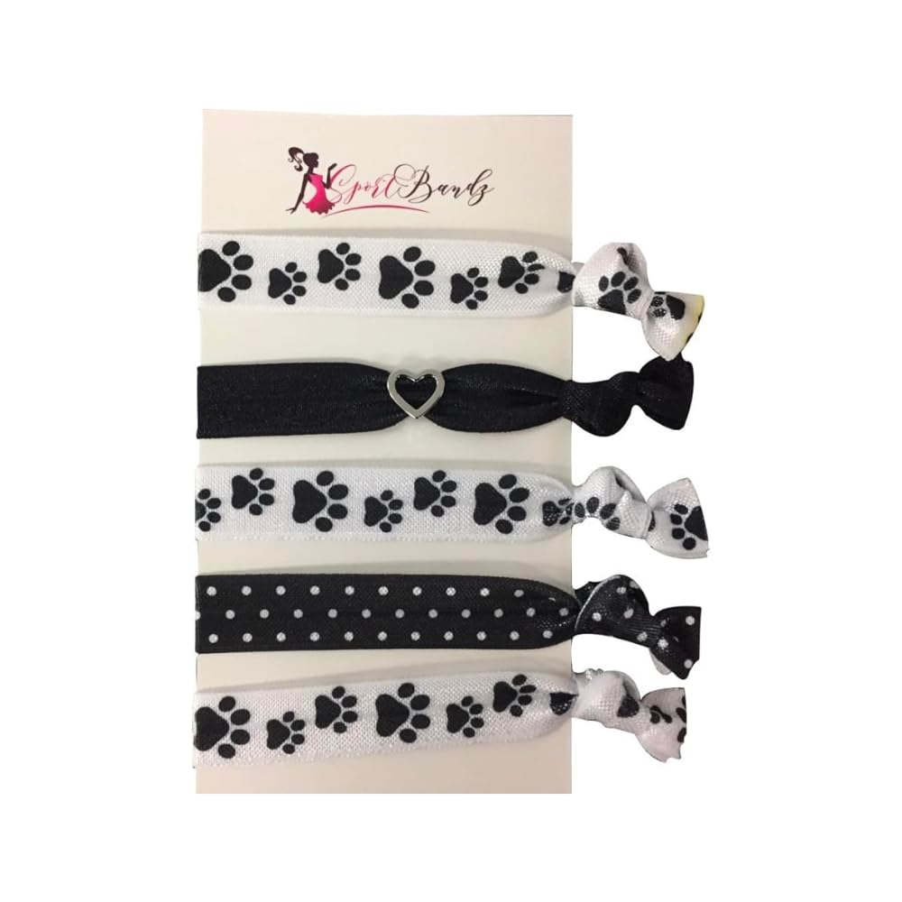 Sportybella Paw Print Hair Ties (Black/White)- Hair Accessories For Girls, Women, Teens & Kids. No Crease Elastic Hair Ties Set 