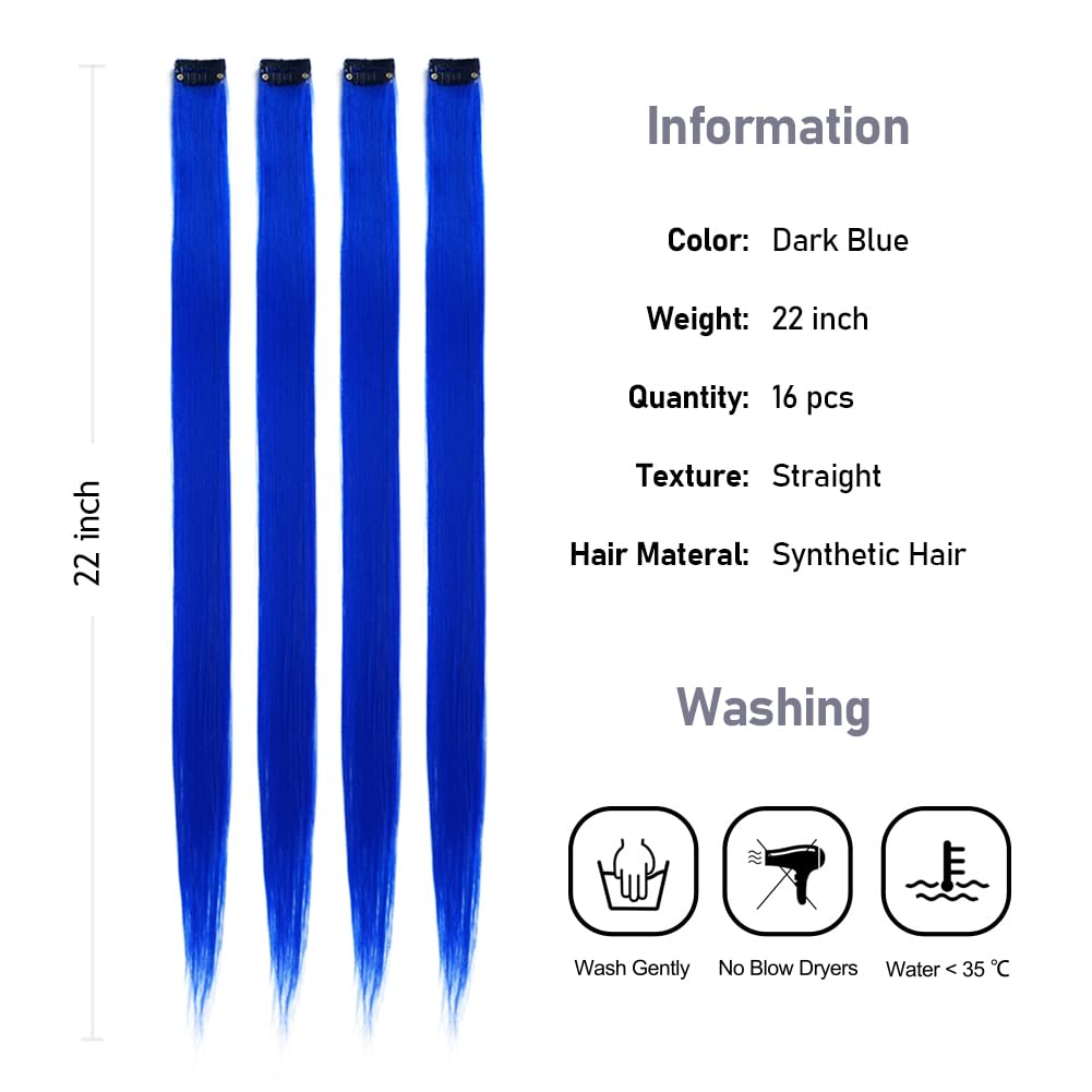 Kgbfass 16Pcs Blue Clip In Colored Hair Extensions 22Inch Long Straight Party Highlights Colorful Hair Extensions One Color Clip