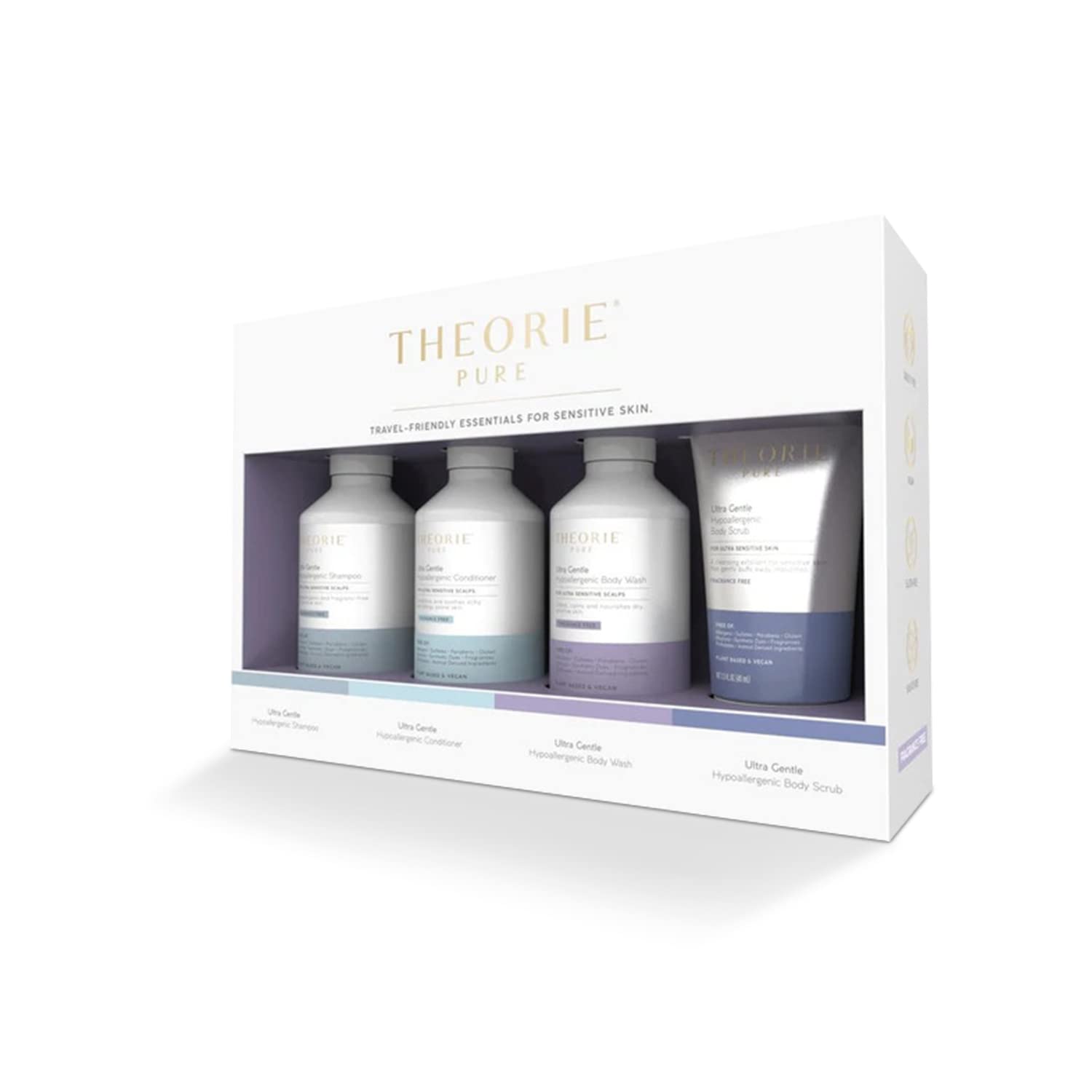 THEORIE PURE Collection Travel Set- Hypoallergenic-Shampoo, Conditioner, Body Wash & Face and Body Scrub- Fragrance-Free. No Sul