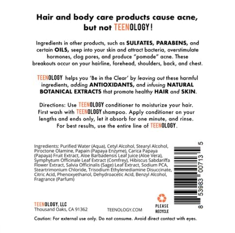 Teenology Conditioner For Teens - Avoid Forehead And Body Acne - Sulfate And Paraben Free, Noncomedogenic, Natural Botanical Ext