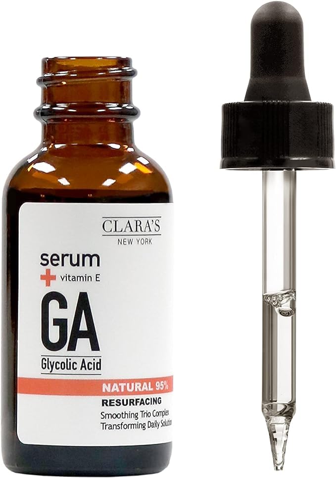 CLARA'S NEW YORK Glycolic Acid Facial Serum with Vitamin E for Exfoliating Smoothing Glowing Face Skin - Made in USA 30ml (1Fl/O