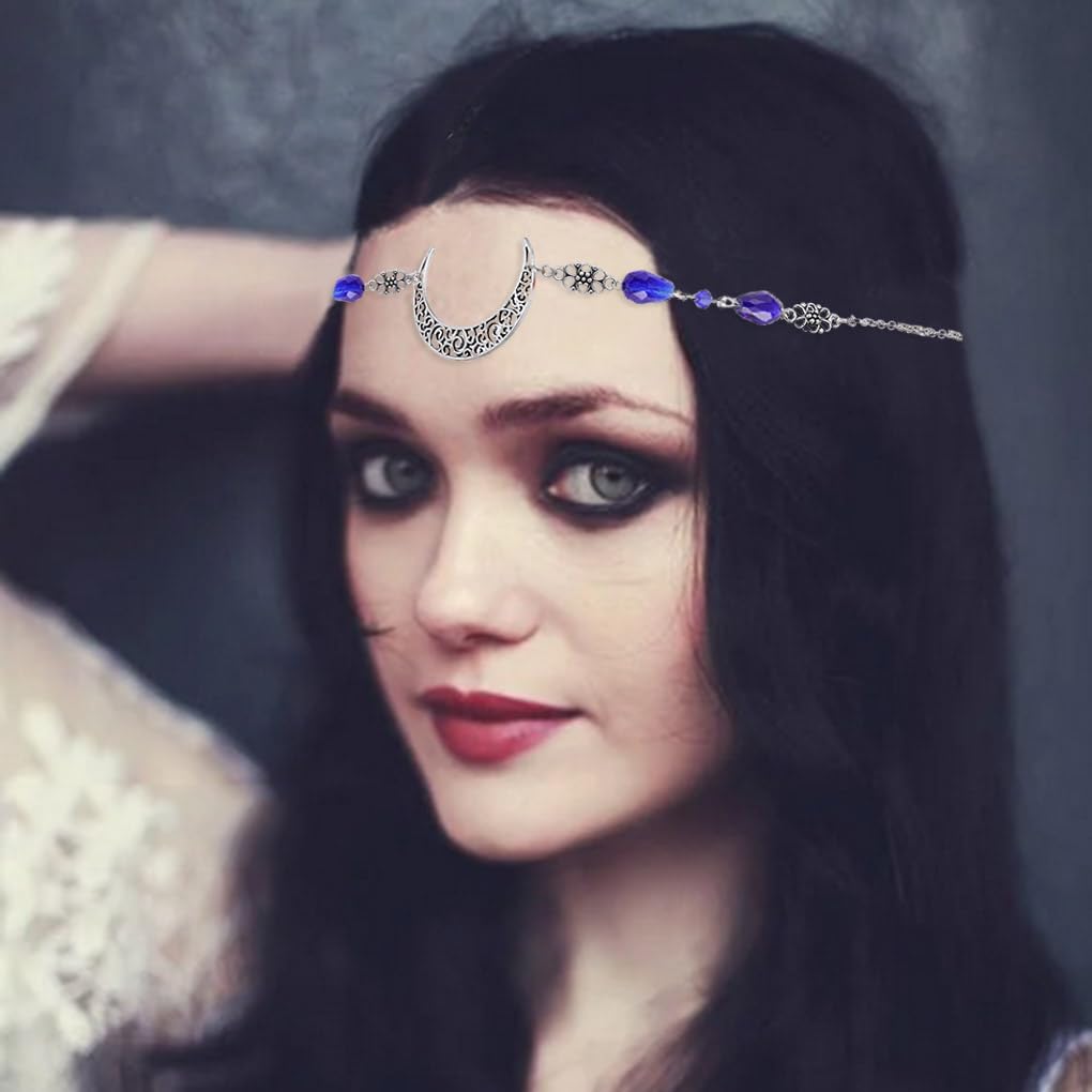 Yalice Boho Crescent Moon Head Chain Vintage Black Crystal Headband Chain Rhinestone Headpieces Witchy Forehead Chain for Women