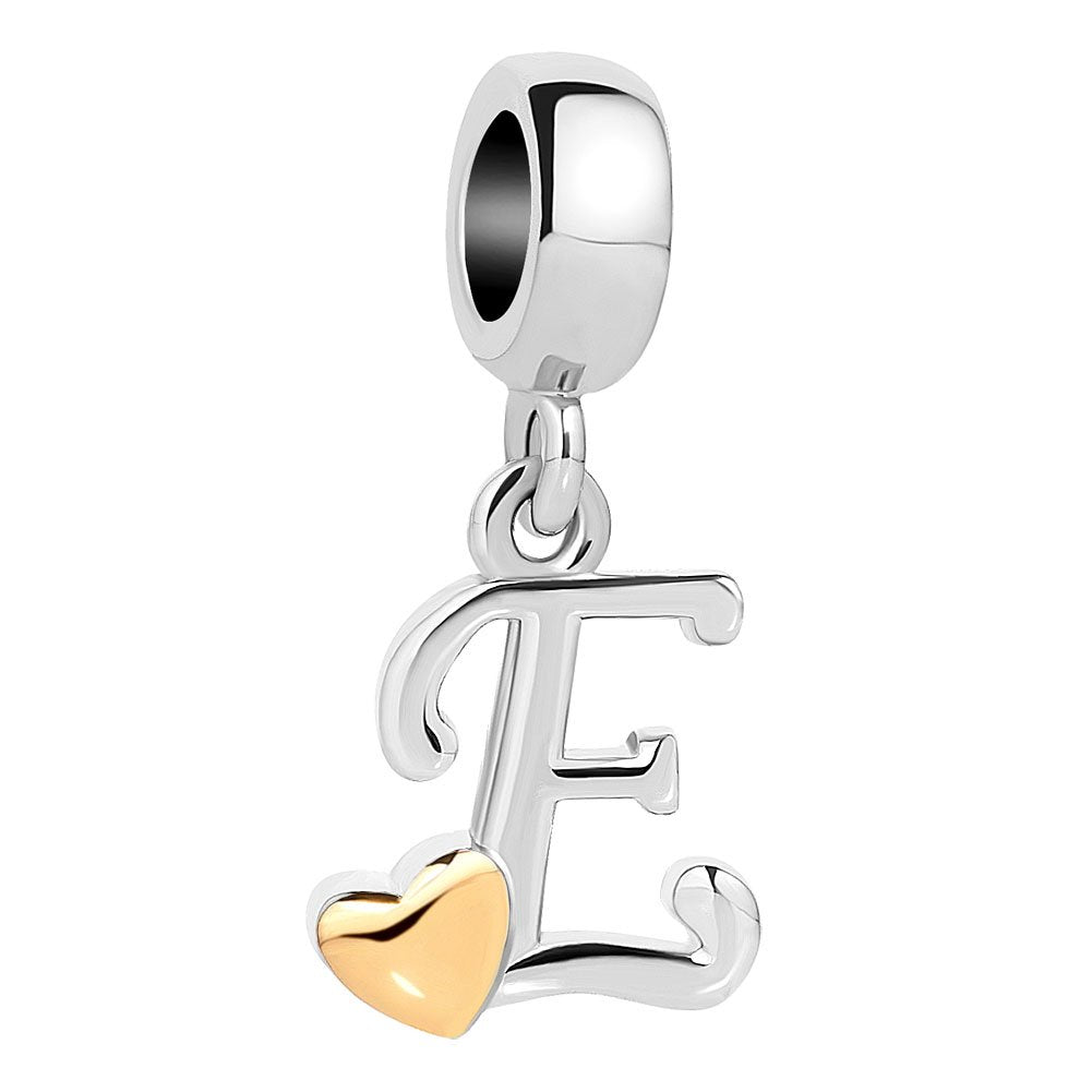 QueenCharms Initial A-Z Letter Charm Golden Heart Alphabet Dangle Beads For Bracelets & Necklaces (E)