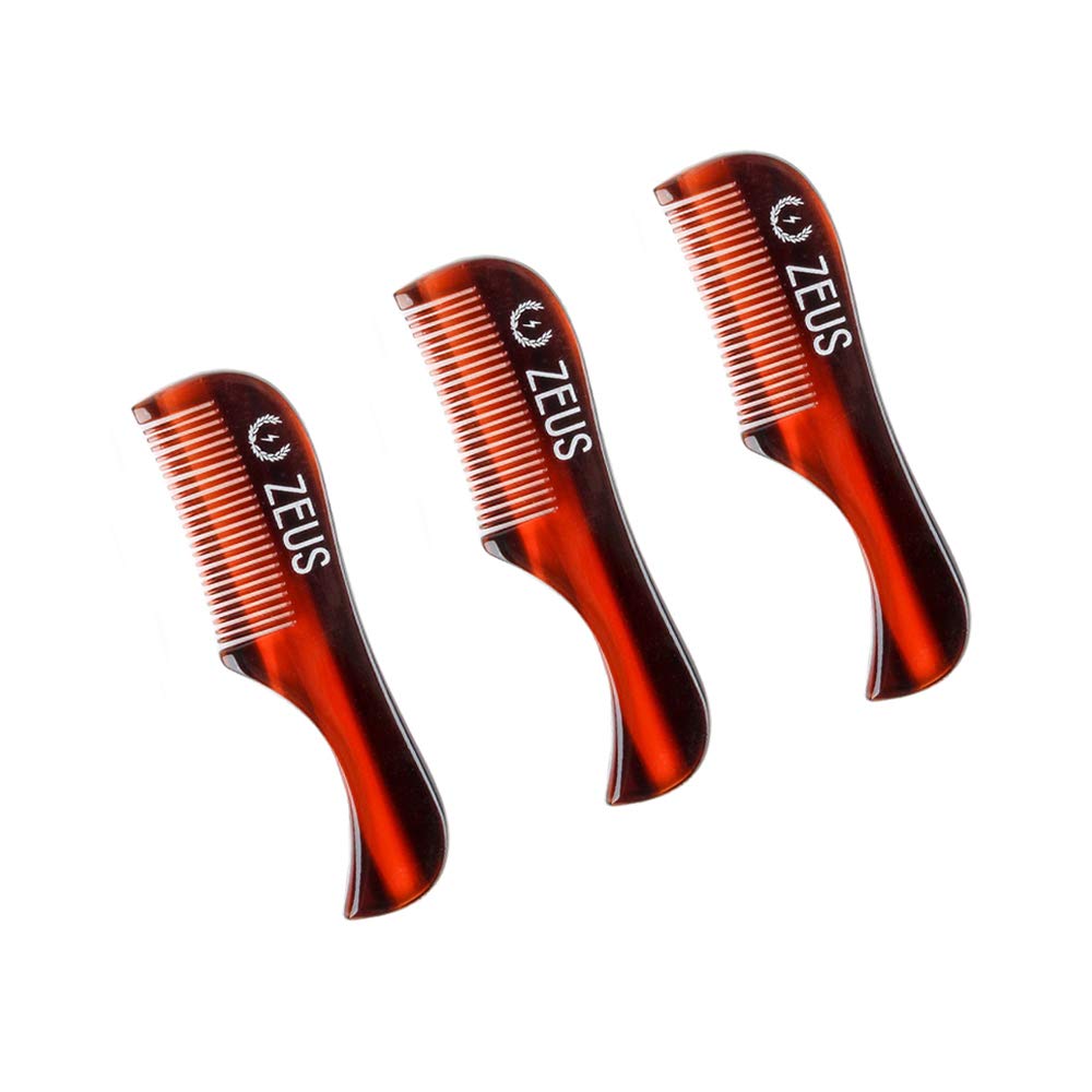 ZEUS 3-Pack Handmade Saw-Cut Mustache Comb, Fined Toothed, Durable Cellulose, Hand Polished, Pocket Comb & Beard Comb for Mustac