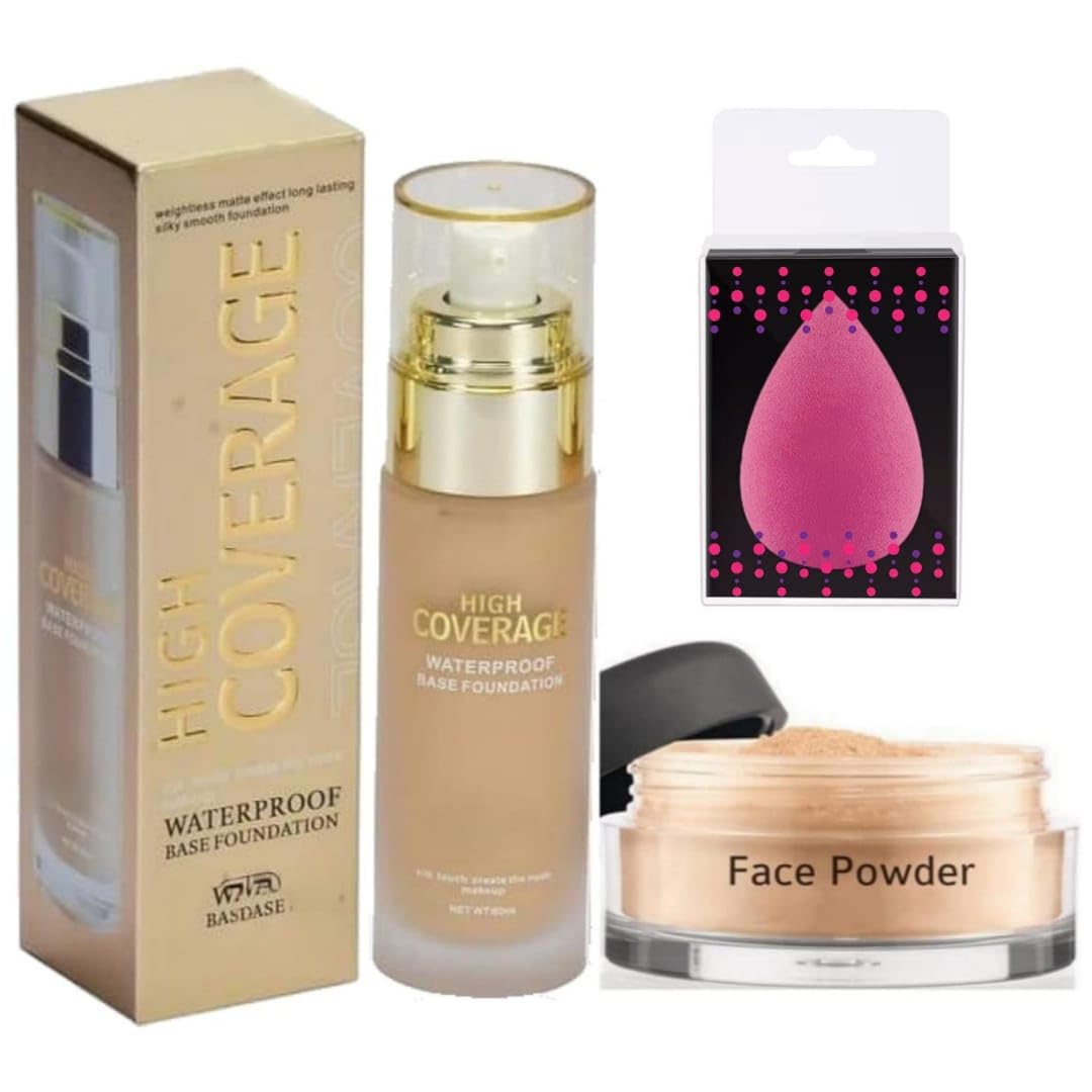 Magic Huda Oil Control Silk Foundation|Waterproof, High Coverage,Face Powder With Blender Pack Of 3