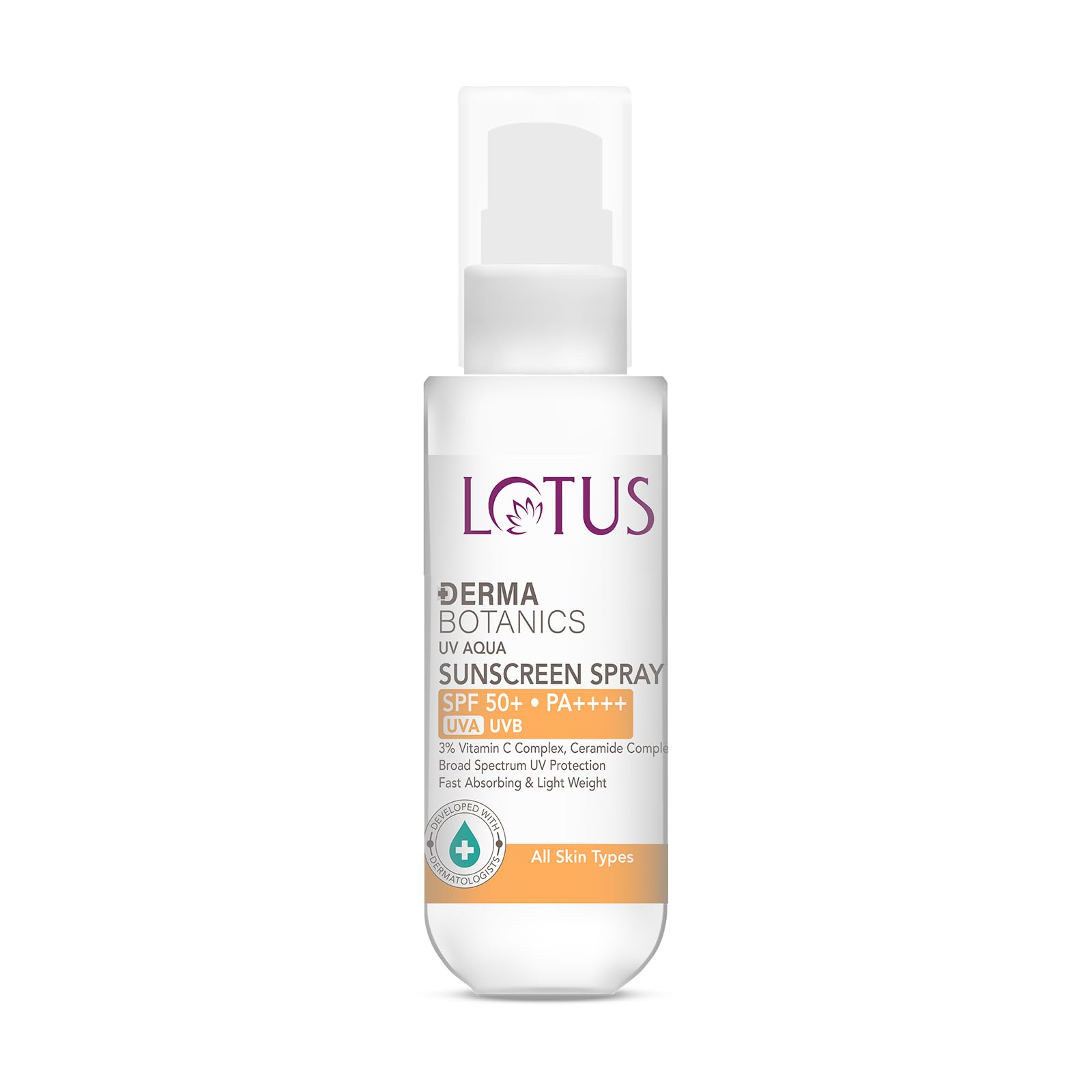 Lotus Dermabotanics 3% Vitamin C Complex + Ceramide Complex UV Aqua Sunscreen Spray SPF 50 and PA++++ | Fast Absorbing | Water T