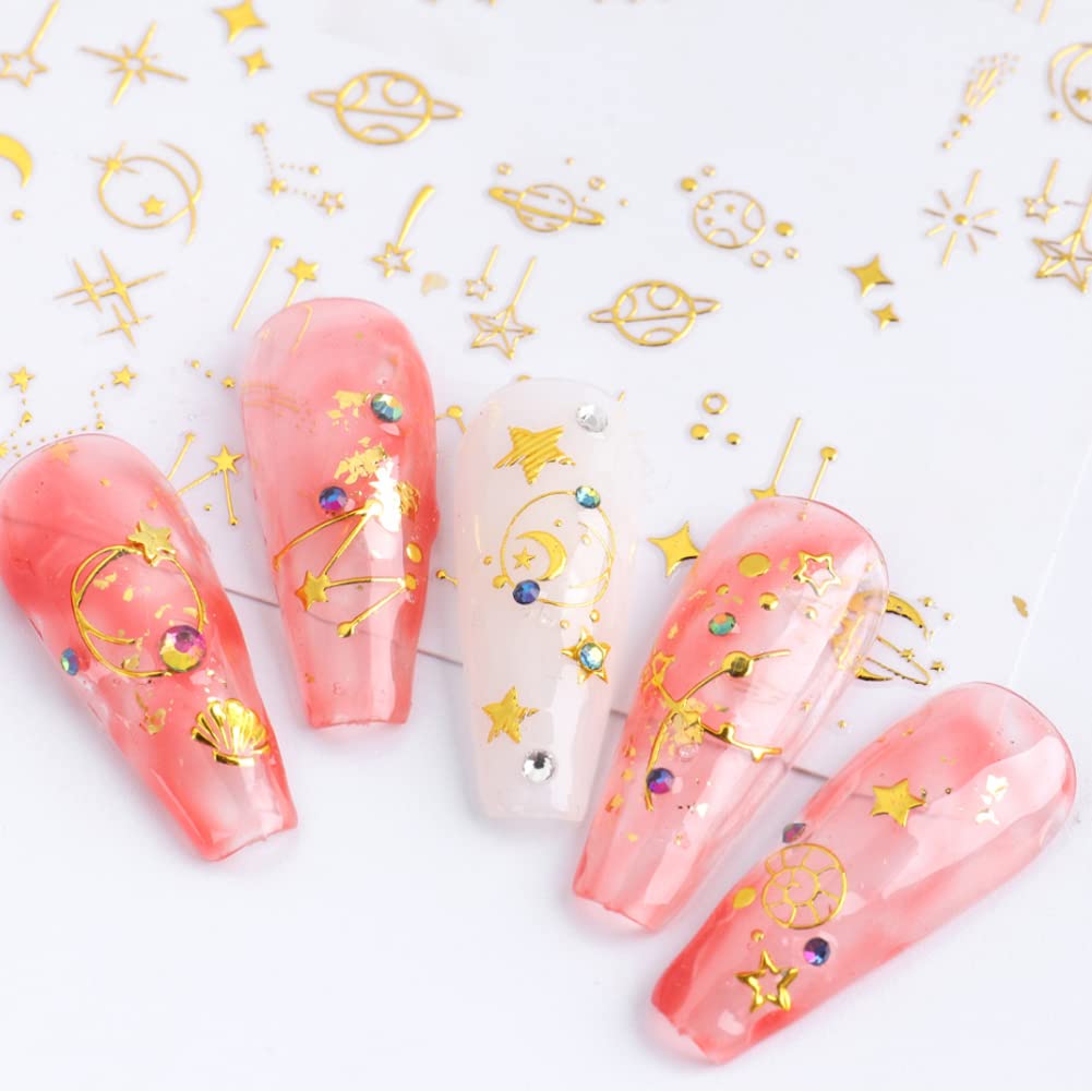 12 Sheets Gold Nail Art Stickers Decals,Nail Supplies 3D Self-Adhesive Nail Decals Metallic Stars Moon Glitter Gold Silver Nail
