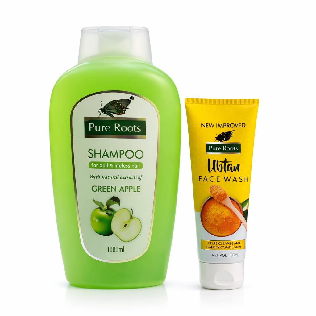 Pure Roots Green Apple Shampoo 1000Ml + 100Ml Face Wash | Anti Hair Fall Shampoo For Women & Girls | Hair Fall Control & Hair Gr