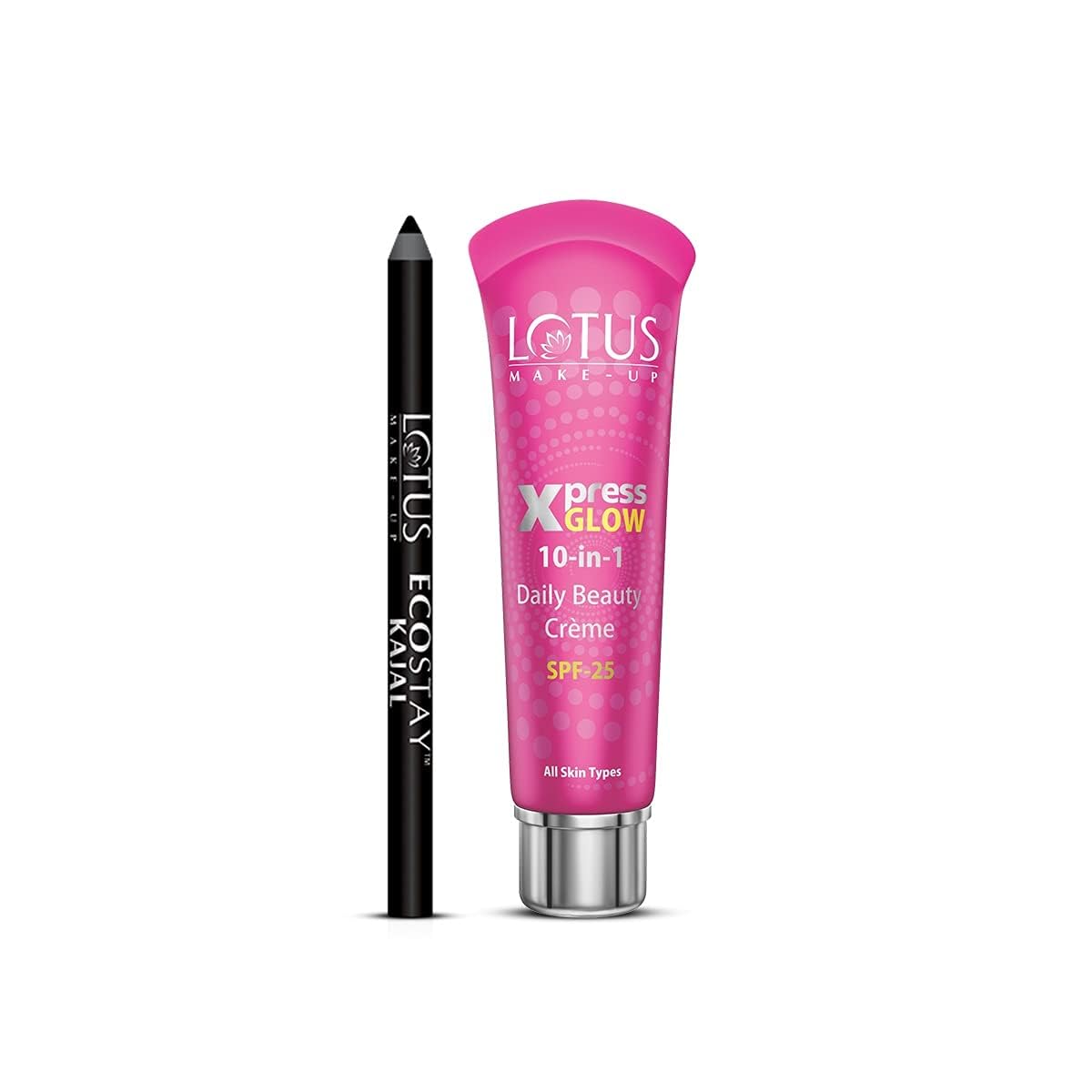 Lotus Makeup Instant Beauty Combo | Xpressglow Day Cream Royal Pearl Spf 25 | Ecostay Kajal Pencil Stick Black | 2 Product Combo