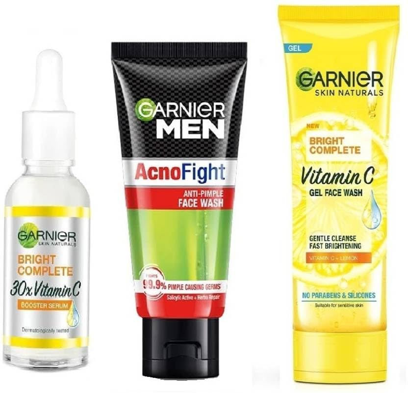 Garnier Bright Complete Skincare Set  Face Wash 50G + Serum 15Ml + Acno Fight Face Wash 50G (3 Items In The Set)