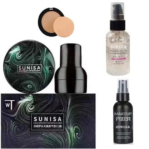 Sunisa Makeup Set With Cushion Foundation, Setting Spray, Makeup Fixer, Foundation Primer, 4 Pieces