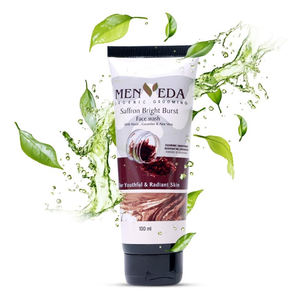 Menveda Saffron Bright Burst Face Wash For Men 100Ml | For Acne & Pimples | Brightens Skin, Clears Dirt & Controls Oil | With Cu