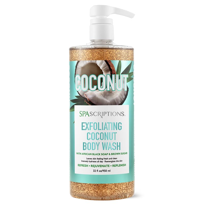 Spascriptions Exfoliating Coconut Body Wash, with African Black Soap and Brown Sugar to Refresh and Rejuvenate, 33 oz