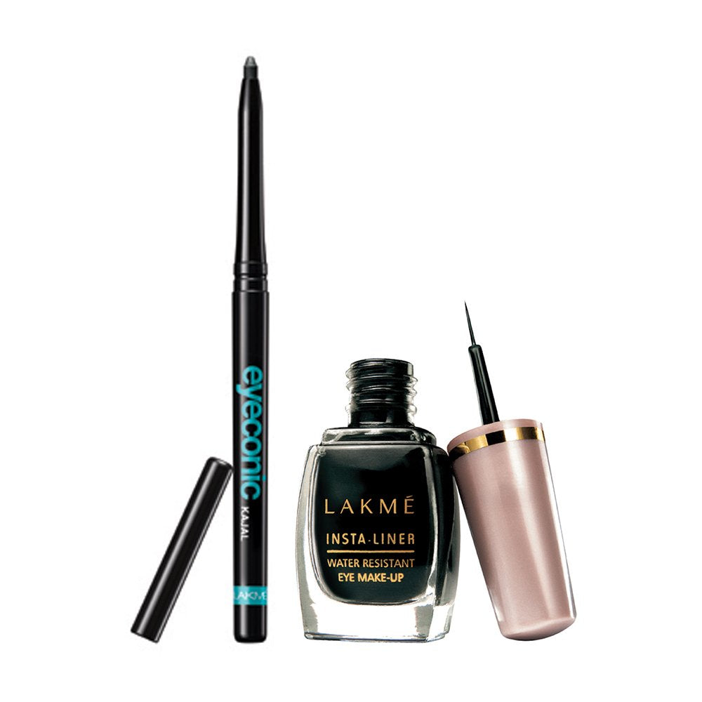 Lakme Eyeconic Kajal, Black, 0.35G With Insta Eye Liner, Black, 9Ml