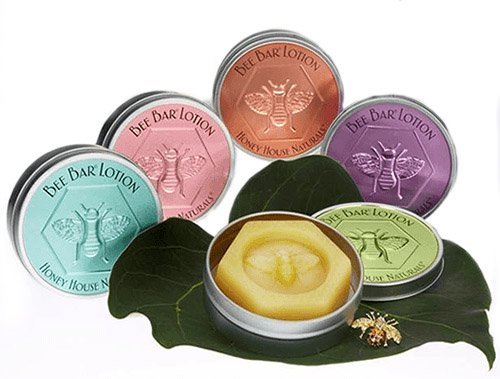 Honey House Large Bee Bar Natural Solid Lotion Bar 2 Oz in Embossed Tin Case, Assortment of 5 Scented Bars