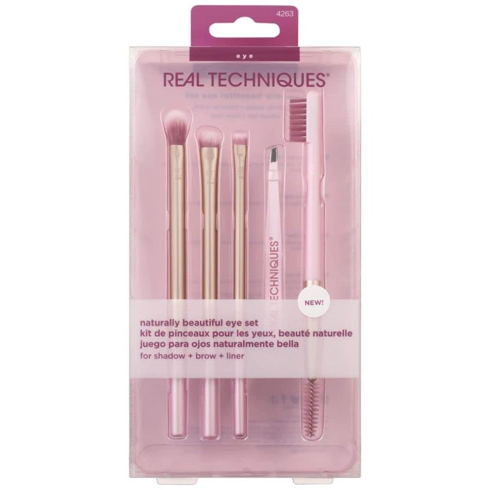 Naturally Beautiful Eye Set By Real Techniques For Women - 5 Pc Tapered Shadow Brush - 355, Brow Highlighter Brush - 354, Flat L