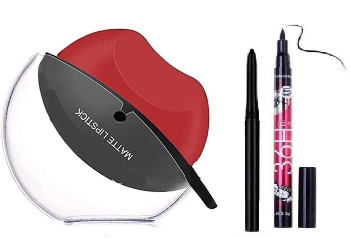 Luhsan | Beauty Combo Of Matte Lip Shape Apple Lipstick Set With 1 Waterproof Eyeliner And 1 Kajal  (Pack Of 3)