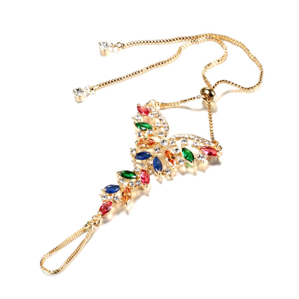 Dtja Boho Butterfly Finger Ring Bracelet for Women Colorful Cubic Zirconia Slave Hand Chain Harness Bangle Gypsy Bollywood Weddi