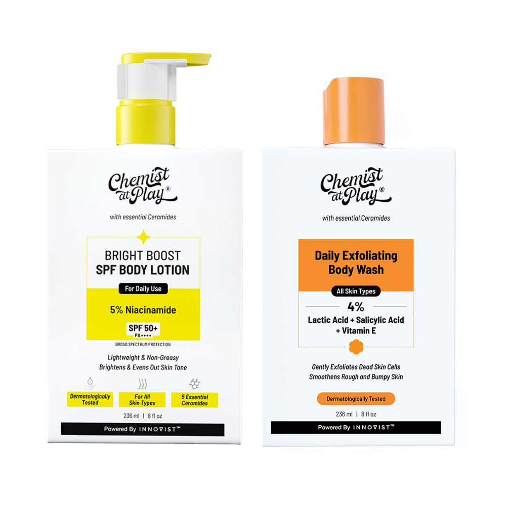 Chemist At Play Brightening Body Lotion (236Ml) + Exfoliating Body Wash (236Ml) | With Ceramides, Vitamin C, Lactic Acid, Salicy