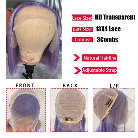 16 Inch Lilac Bob Wigs Silky Straight Glueless 13X4 Swiss Lace Front Bob Wigs Virgin Human Hair Invisible Lace Bleached Knots Wi