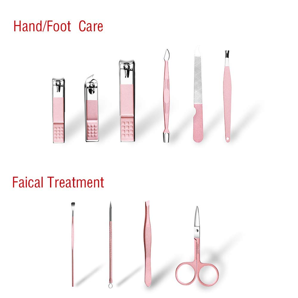 ZIZZON Travel Mini Manicure Set Nail Clipper Set 10 in 1 Stainless Steel Pedicure Care Grooming kit with Case Pink