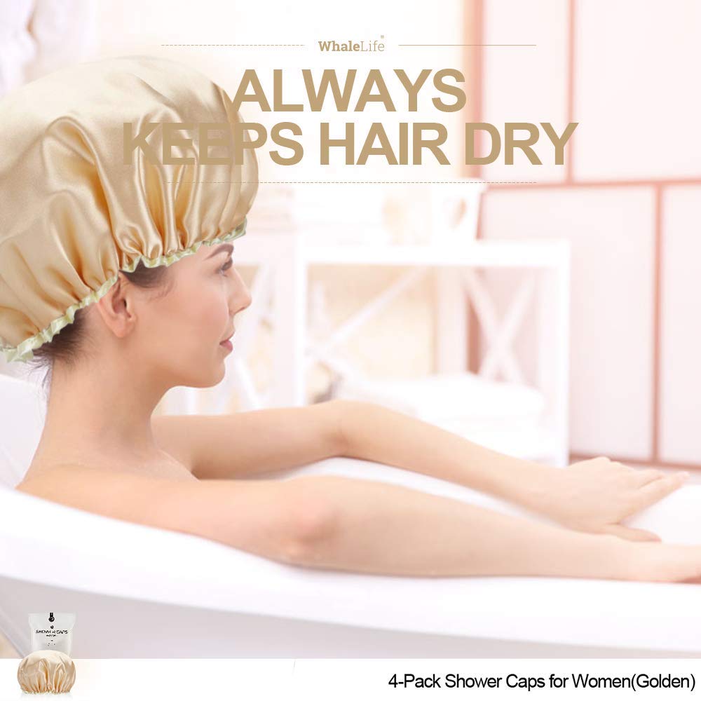 Shower Cap For Women Reusable Extra Large Shower Cap For Men (Golden 4 Pack Large) Satin Double Layer Eva Waterproof Long Hair C