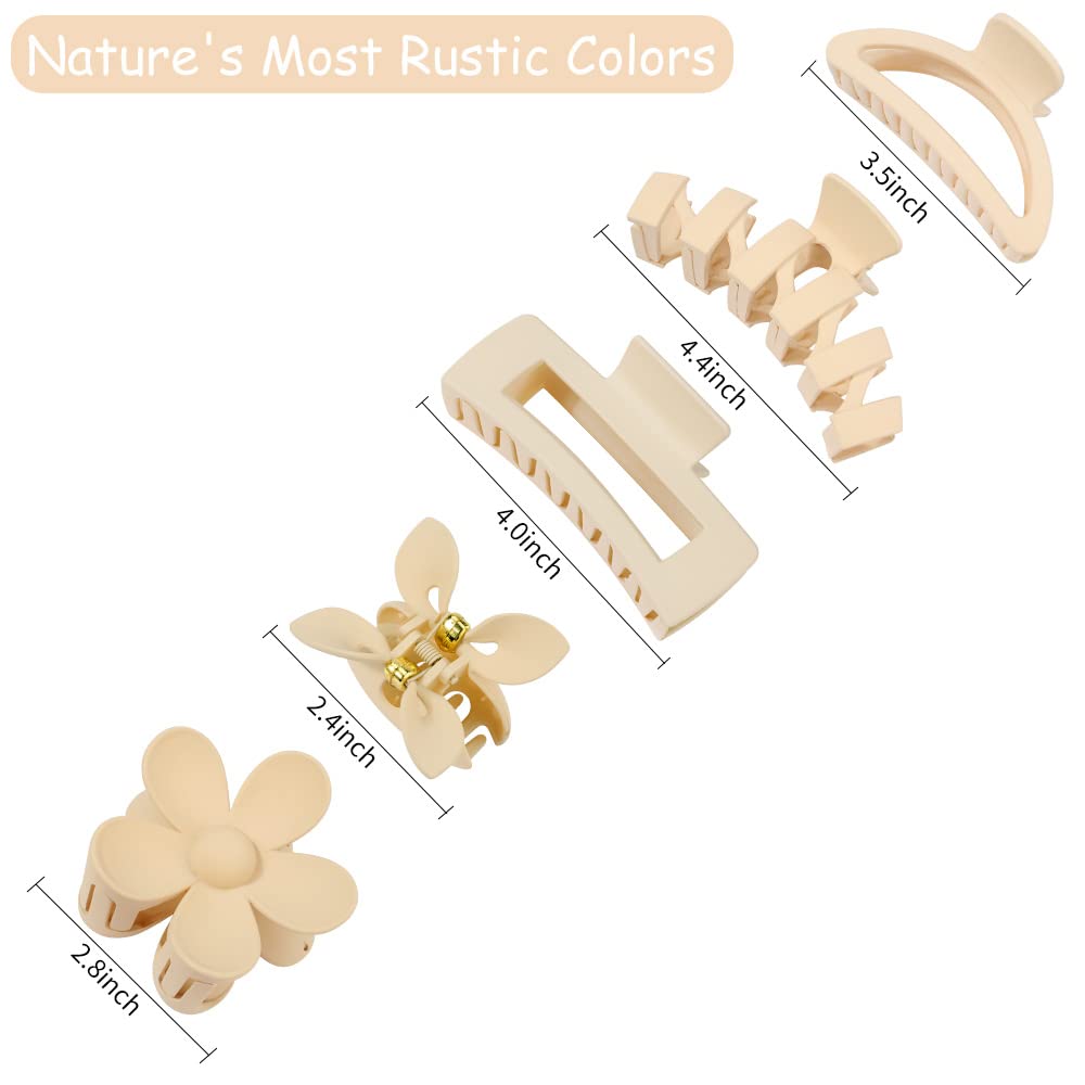 Ahoney 5 Pack Big Hair Clips for Thick Hair Neutral Matte Hair Claw Clips 3.4-4.3 Inch Jaw Clips for Hair Large Hair Clamp Butte
