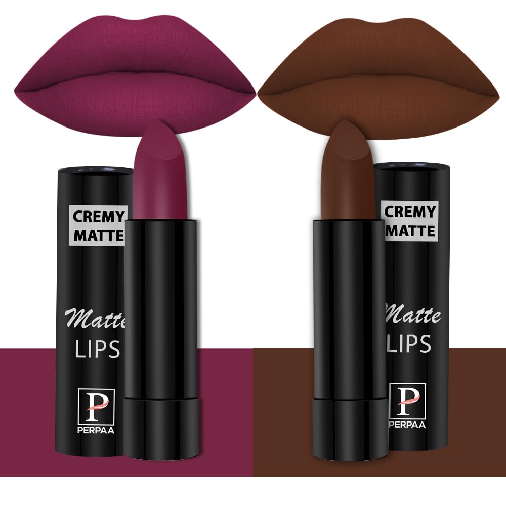 Perpaa Creamy Matte Lipstick Long Lasting One Swipe Application Smudgeproof 3.5Gm Each, Set Of 2 (Cherry Red, Cocoa Brown)