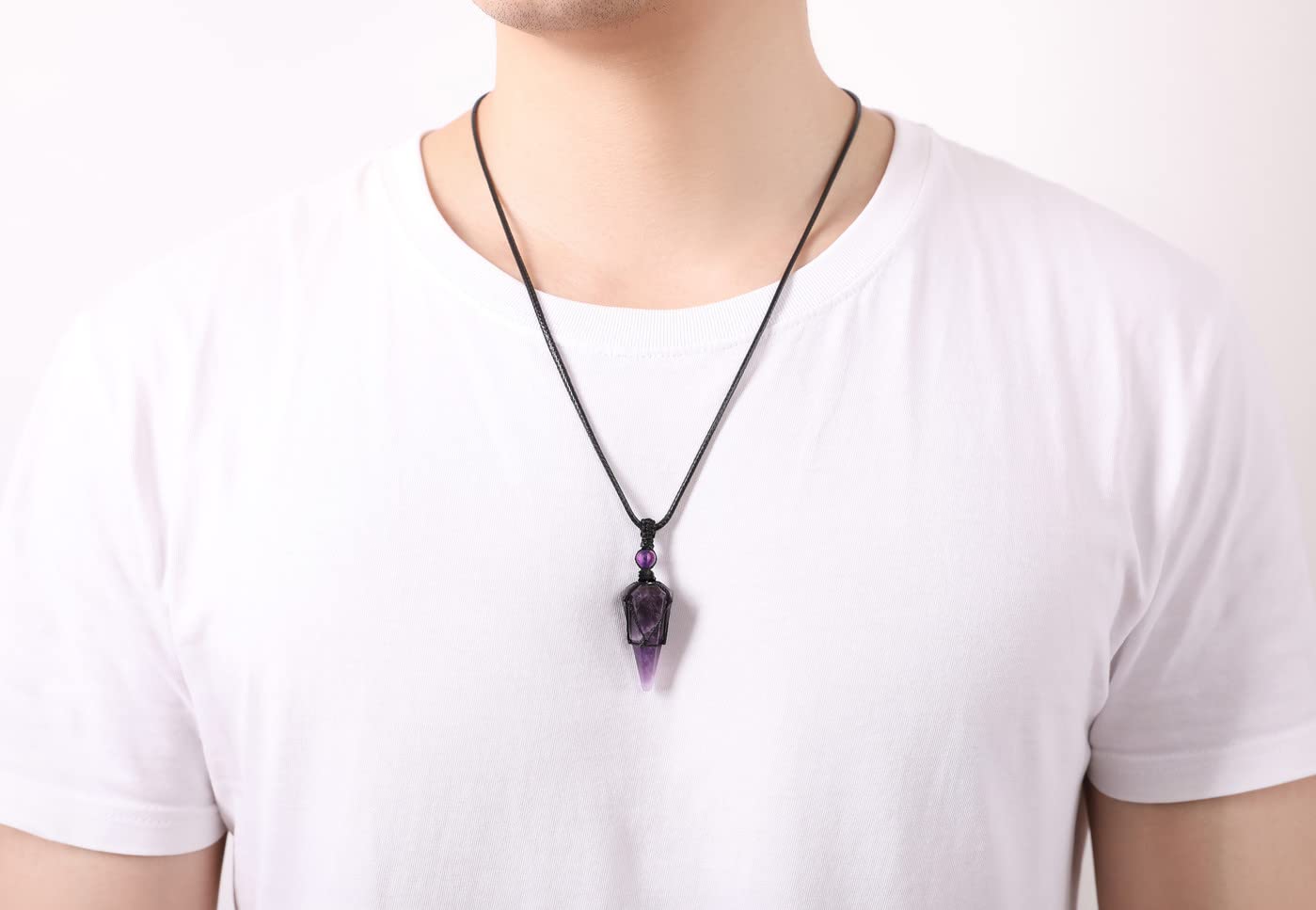 XIANNVXI Amethyst Necklace for Men Women Healing Crystal Stone Pointed Adjustable Black Rope Natural Gemstone Pendant Necklaces