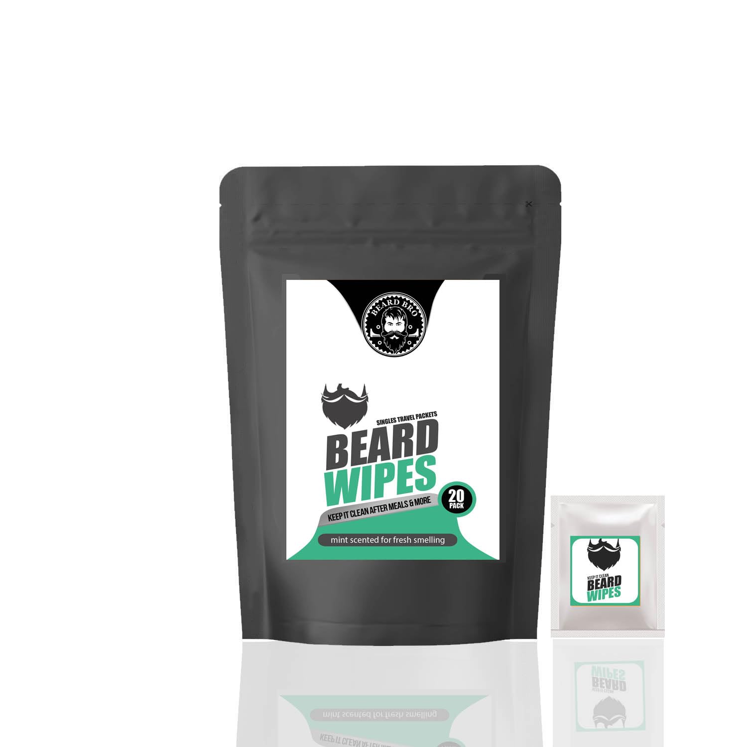 Pocket Size 20 Pack Mint Beard Wipes & Pocket Brush Beard Cleanser Wipes In Individual Travel Packets For After Meals and Trave