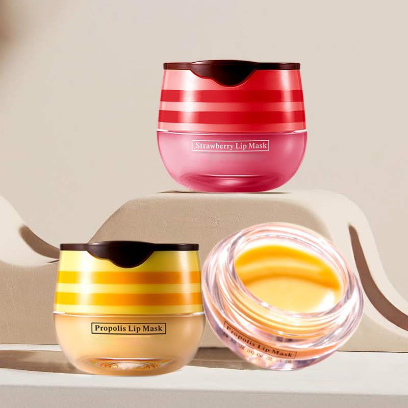 4 Pcs Lip Balm Honey Pot, Honey & Strawberry Moisturizing Lip Mask Reduces Lip Lines, Prevention Dry And Cracked Lip Scrubs Exfo