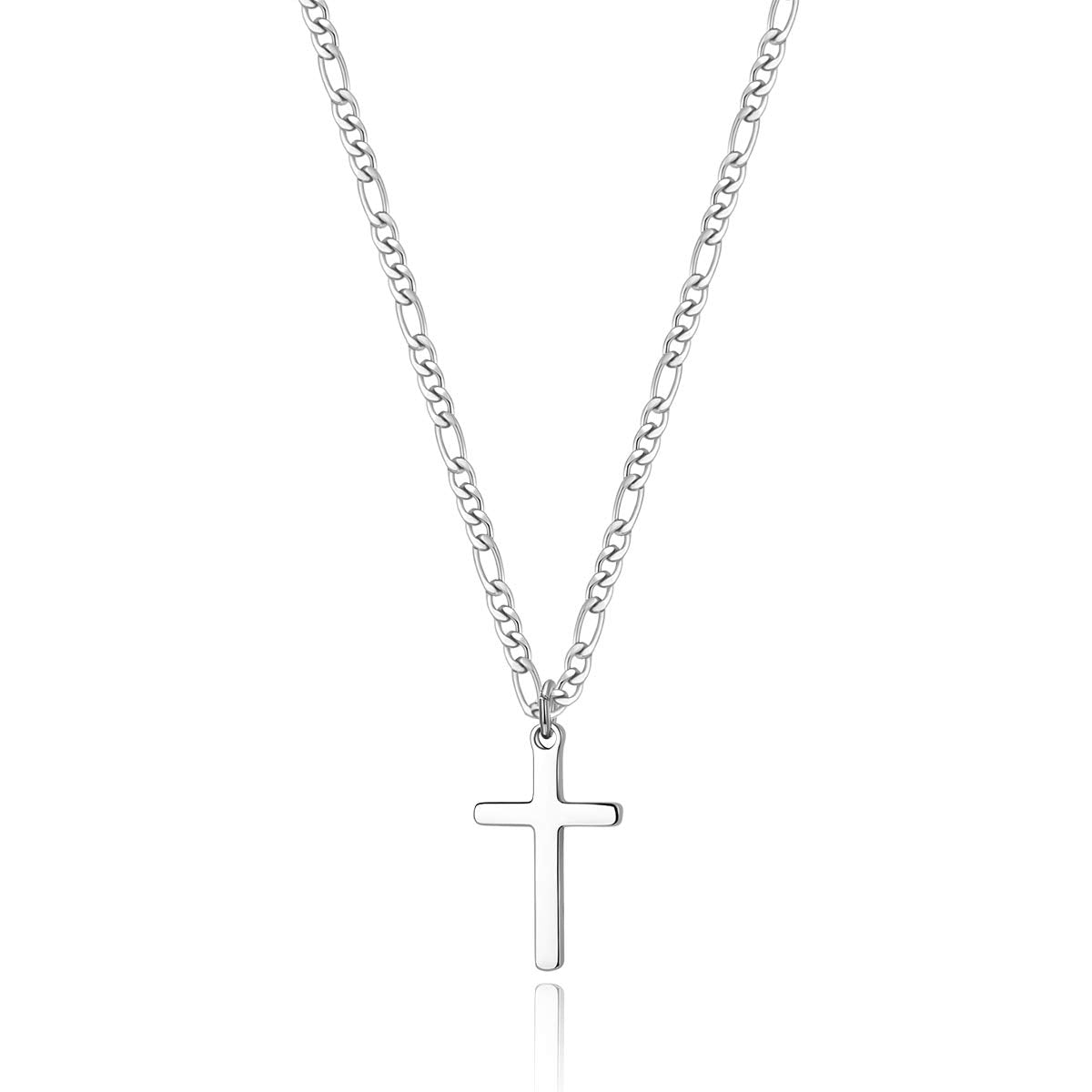 Cross Necklace for Men Figaro Chain Stainless Steel Plain Polished Cross Pendant Necklace Simple Faith Jewelry Gift for Women 18