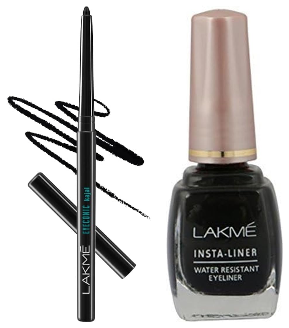 Lakm Eyeconic Black Kajal, Matte Kohl Liner In A Twist Up Pencil, 0.35 G & Lakme Insta Eye Liner, Black Semi_Matte Finish, Water