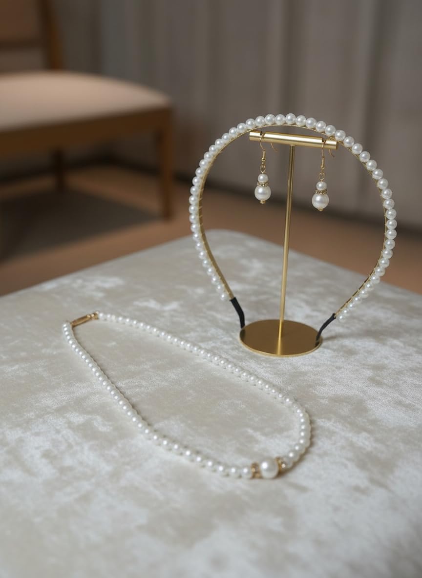 Musetress Pearl Jewelry Set For Women  Classic Pearl Necklace, Matching Pearl Headband & Drop Earrings GoldTone Accents Elegan