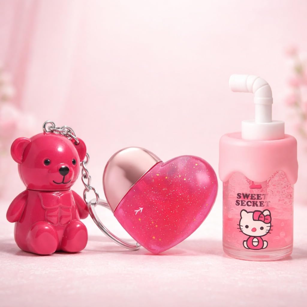 Beauty Korean Crystal Glaze Moisturizing Lip Gloss Set | Kawaii Cute Heart, Teddy & Bottle Shapes | Hydrating NonSticky Waterpr