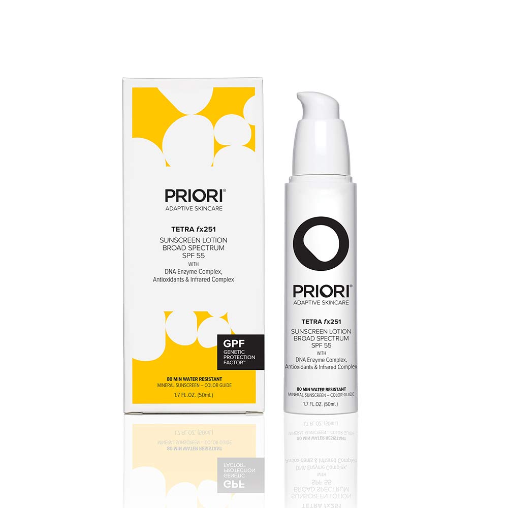 Priori Skincare Tetra Sunscreen Lotion Broad Spectrum SPF 55 Universal Skin Tint, Zinc Oxide Facial Sunscreen, Blue Light Protec