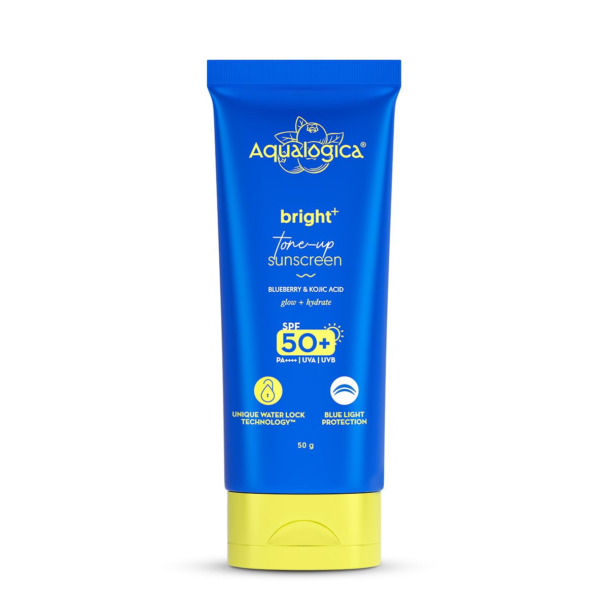 Aqualogica Bright+ Tone Up Sunscreen | Broad Spectrum Spf 50+ Pa++++ With Kojic Acid & Blueberry | Uva/B & Blue Light Protection