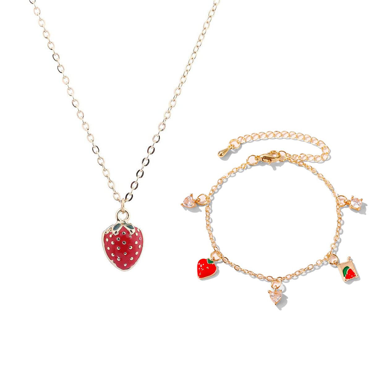 4 Pcs Strawberry Jewelry Set for Women Red Strawberry Necklace, Strawberry Earrings, Strawberry Ring, Strawberry Bracelet Cute F