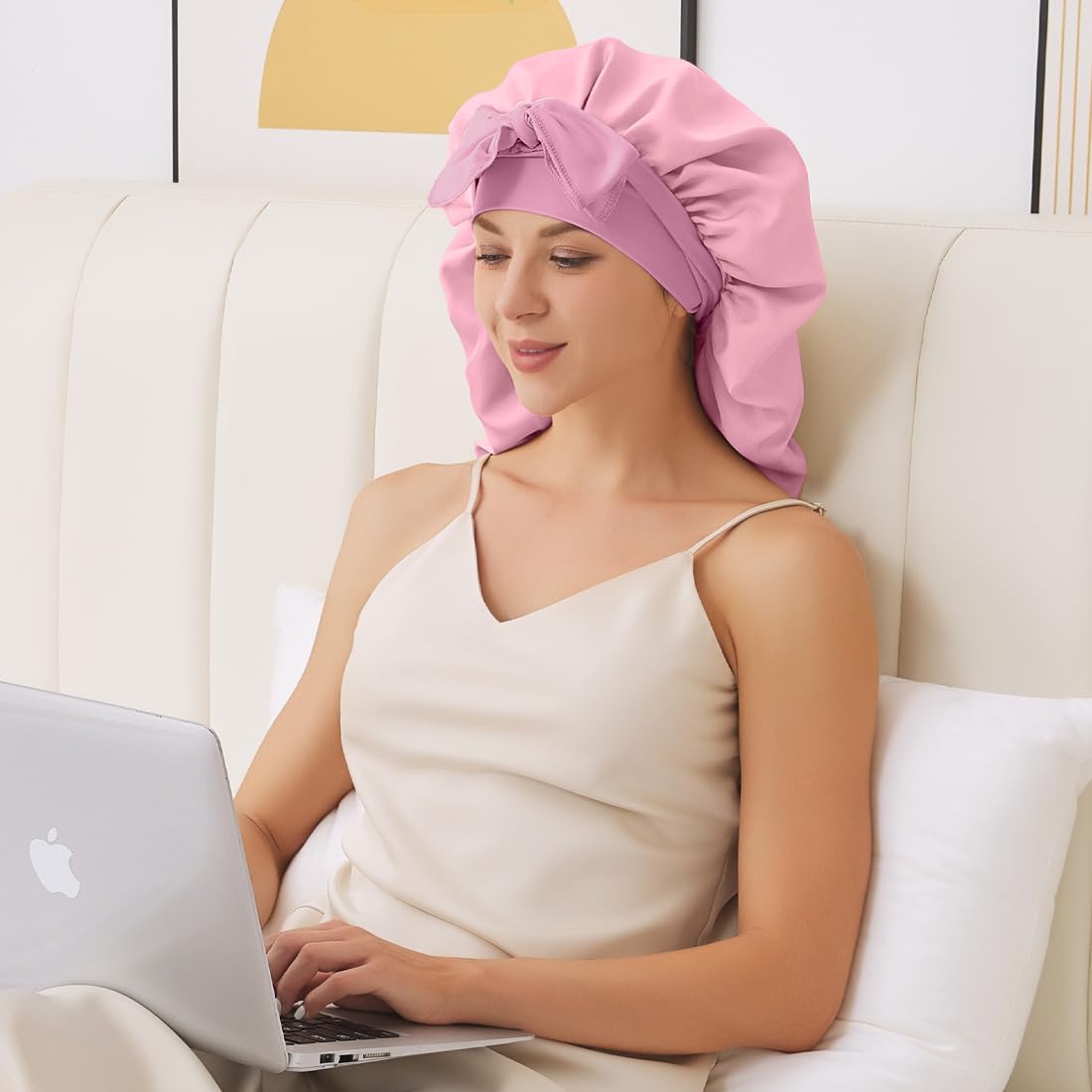 Long Bonnet For Sleeping, Satin Silk Bonnet With Tie Band, Jumbo Hair Bonnets For Women Long Braids Natural Curly Hair Showercap