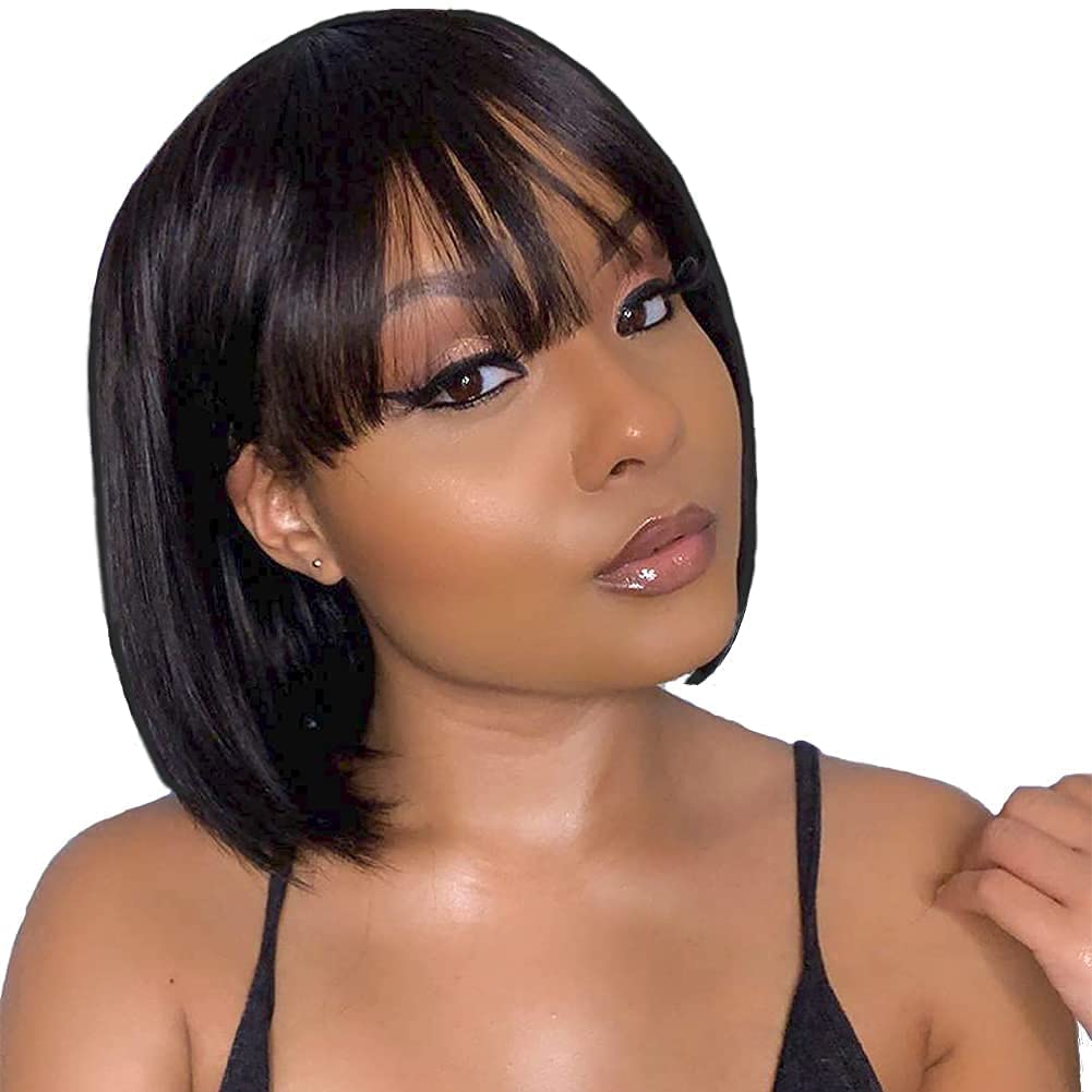 Rebasar Short Bob Wig with Bang Human Hair Wigs for Black Women Human Hair Glueless 12 Inch None Lace Front Wigs Brazilian Virgi