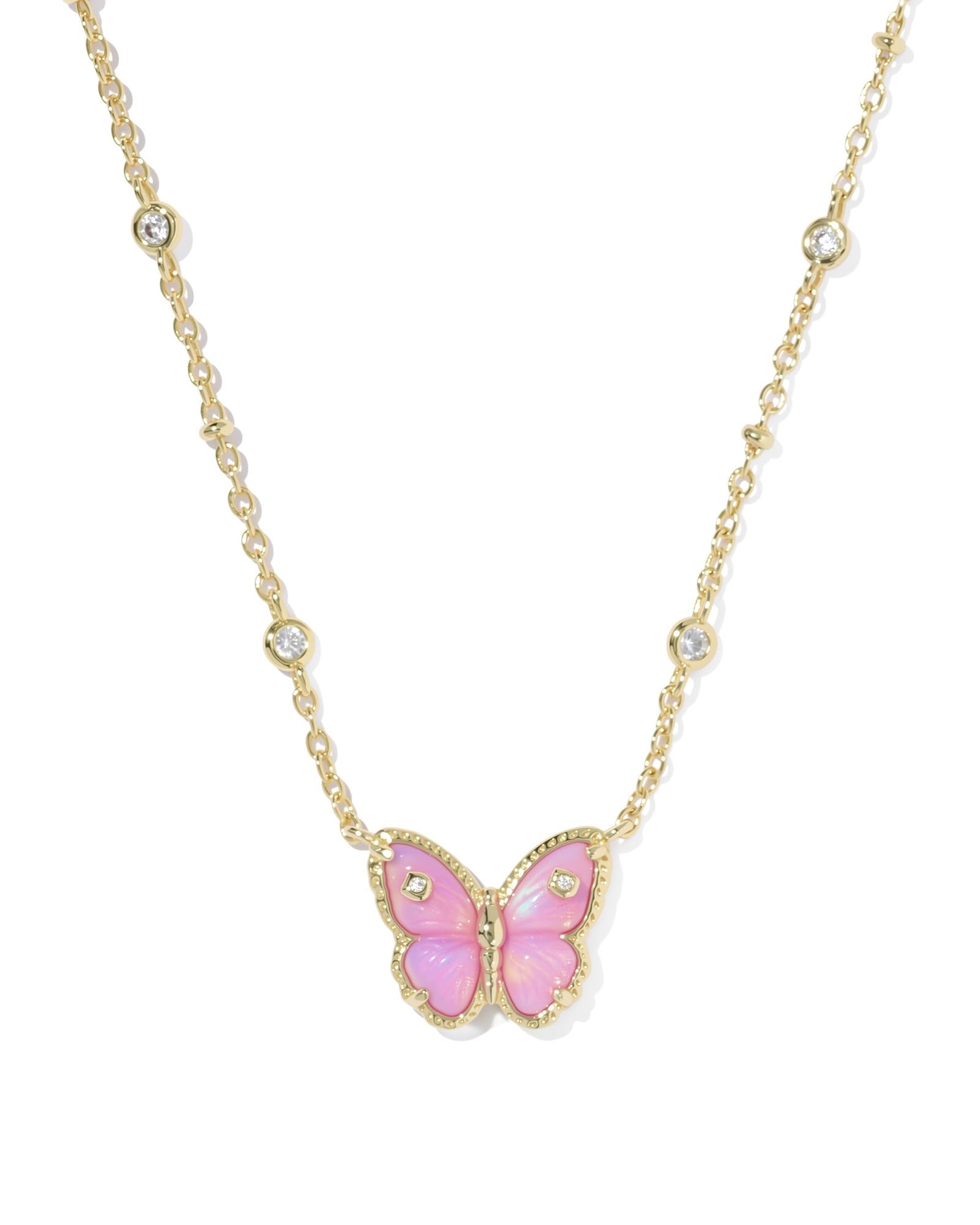 Kendra Scott Cailey Butterfly Pendant Necklace in Gold Pink Opalescent Resin, 14k Gold-Plated Brass, Fashion Jewelry for Women