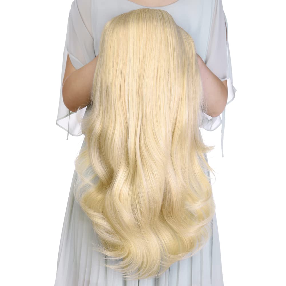 24 Inch Blond Wavy 3/4 Half Wig Long lightest Synthetic Hair Extensions Capless Wigs Hair Clips Extension For Women 210g(24 #4)