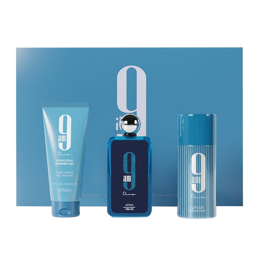 Afnan 9 Am Dive Perfume Gift Set - Eau De Parfum (3.4 Oz), Shower Gel (5.0 Oz), Deodorant (5.0 Oz)