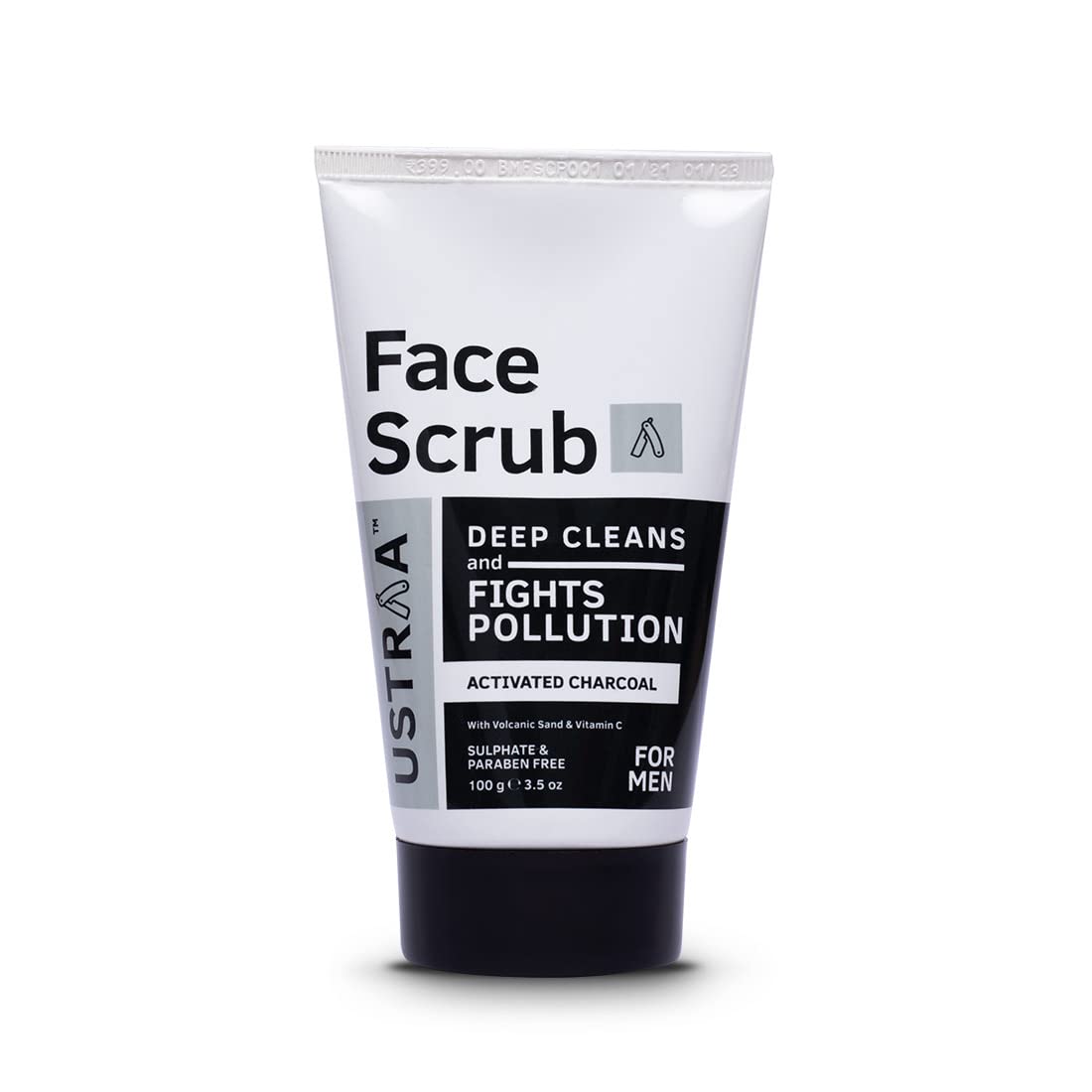 Ustraa Face Scrub for Men - 100g - with Activated charcoal, Tahitian Volcanic Sand & Walnut Granules - Great for Exfoliating ski