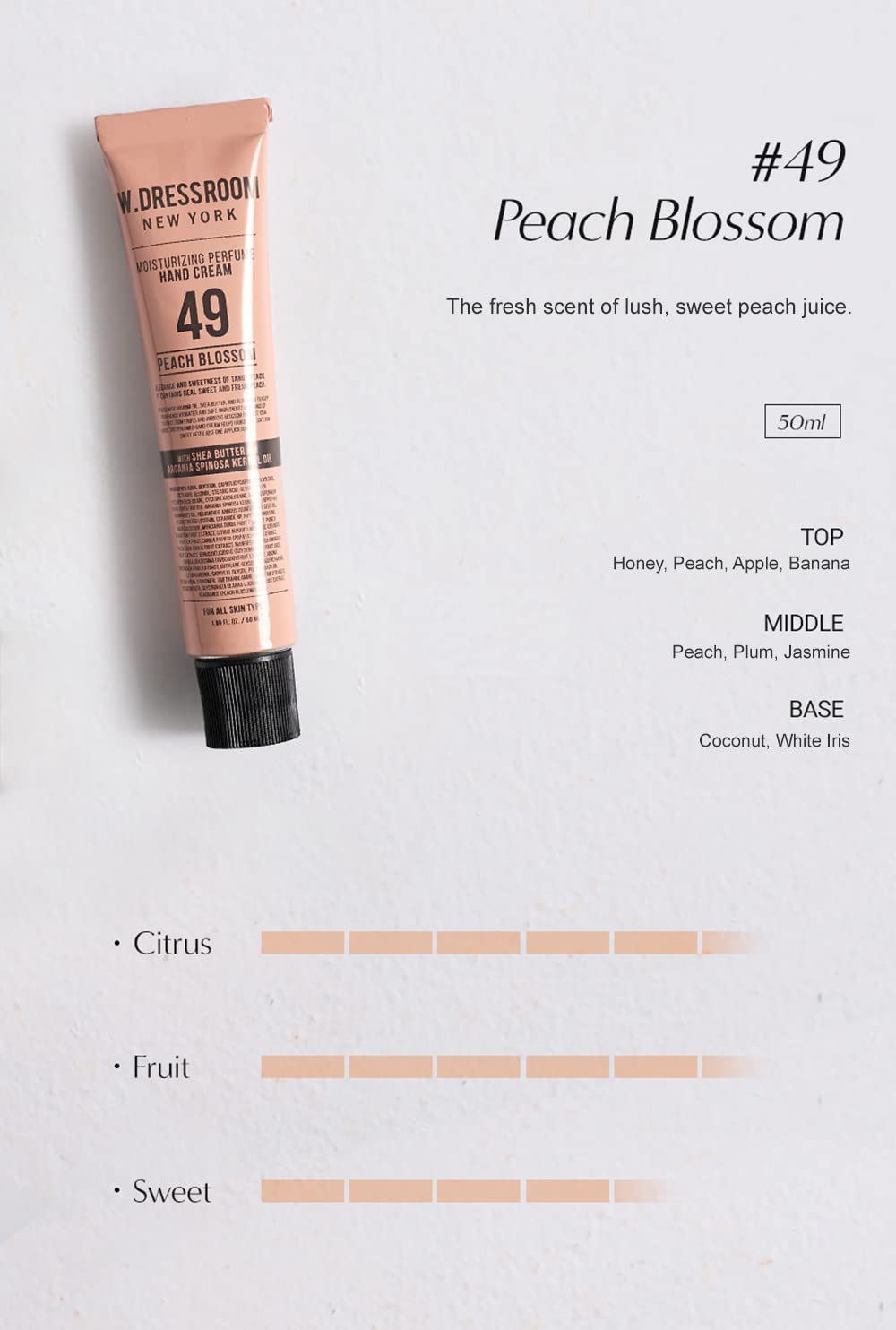 W.Dressroom No.49 Peach Blossom Moisturizing Hand Cream For Dry Hands, Non-Greasy Korean Hand Lotion & Hand Care For Women With