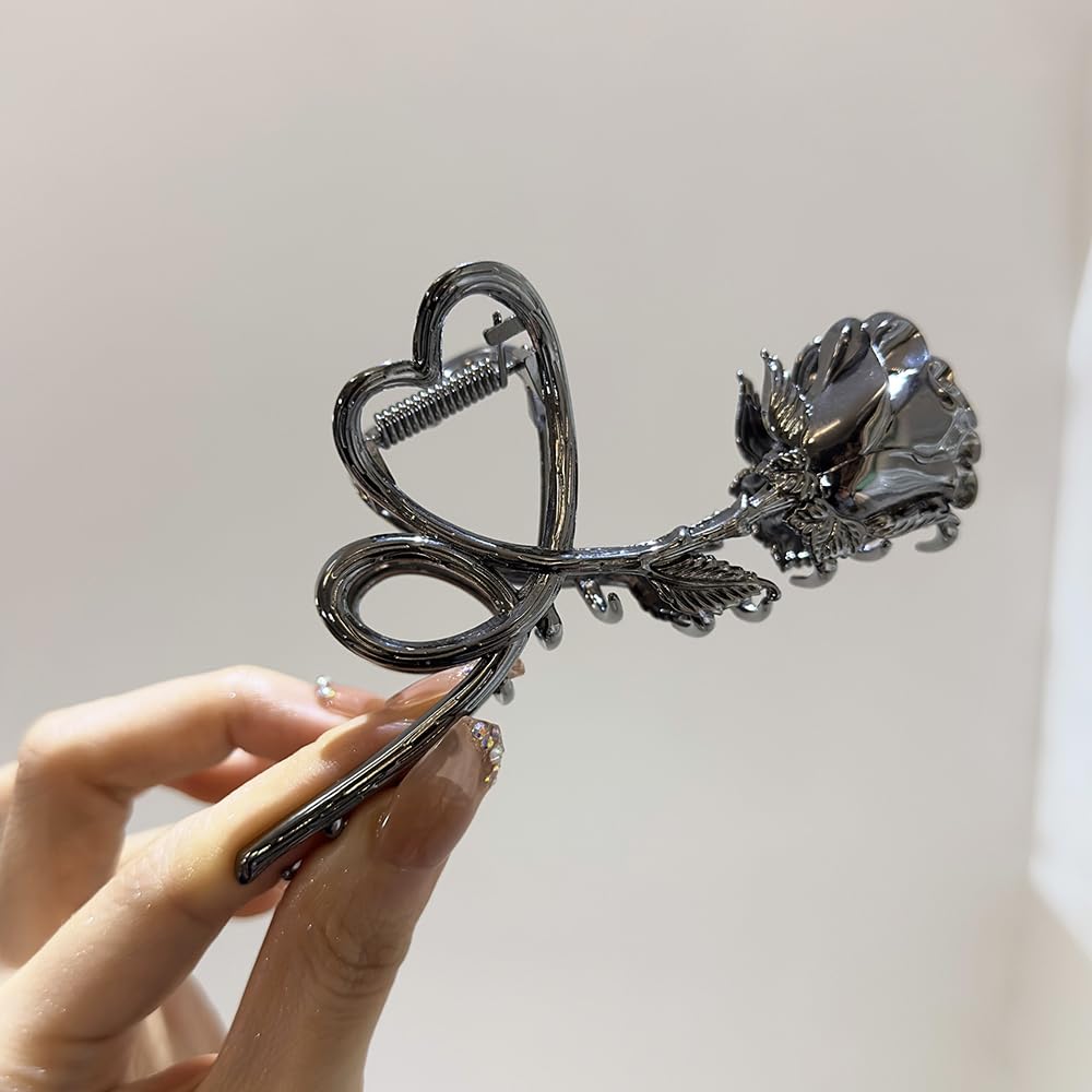 Flower Hair Claw Clips Metal Gunmetal Black Rose Hair Clips Large Heart Non-Slip Hair Jaw Clips For Women And Girls Trendy Hair