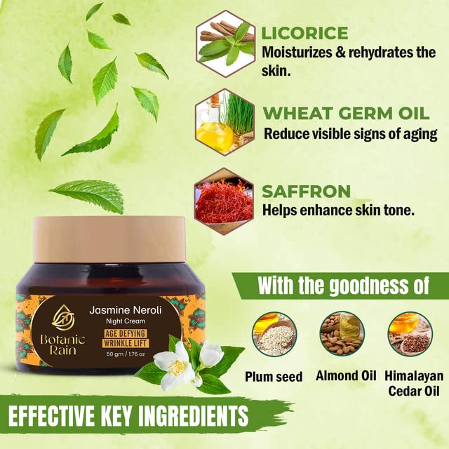 Botanic Rain Organic Night Cream For Women Anti Aging With Jasmine Neroli, Natural Night Moisturizer, Night Cream For Face, Ayur