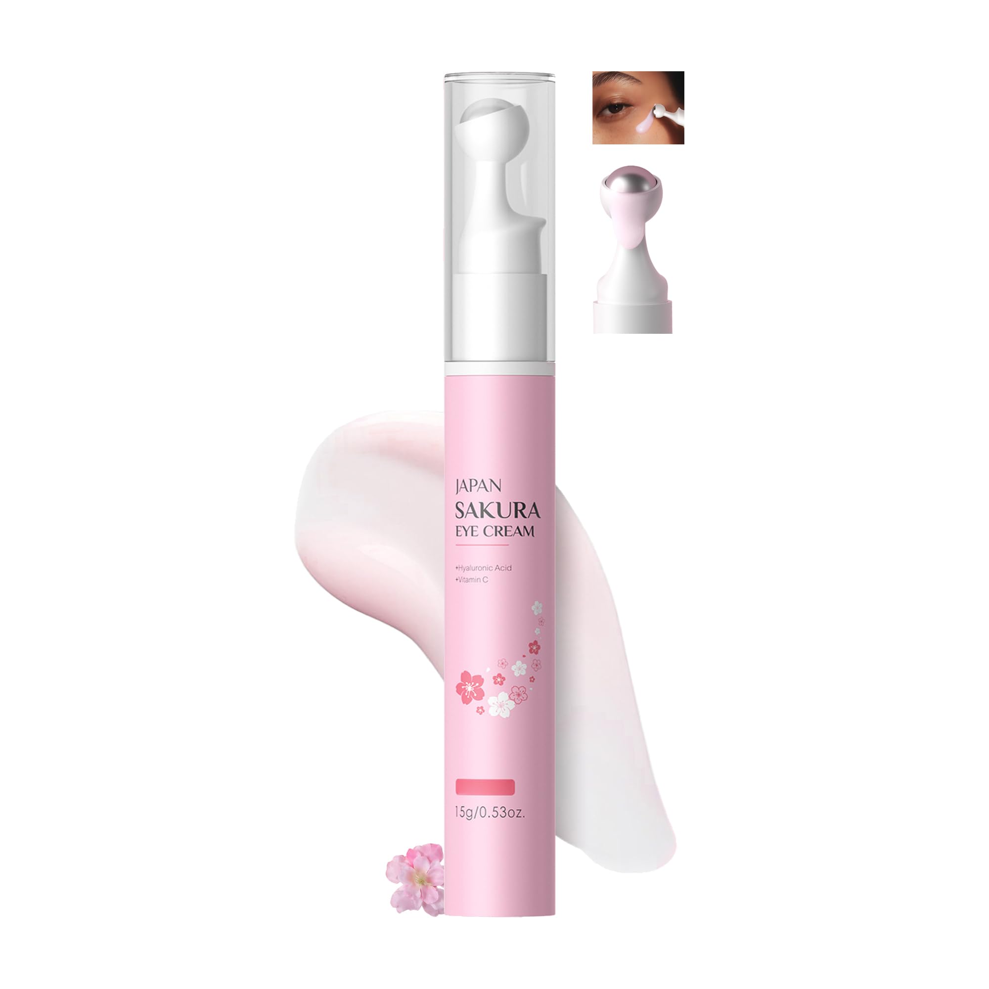 DLZZRS Sakura Eye Cream, Under Eye Cream with 360 Cooling Roller Massage Ball for Puffy Bags, Fine Lines, Dark Circles, Wrinkles
