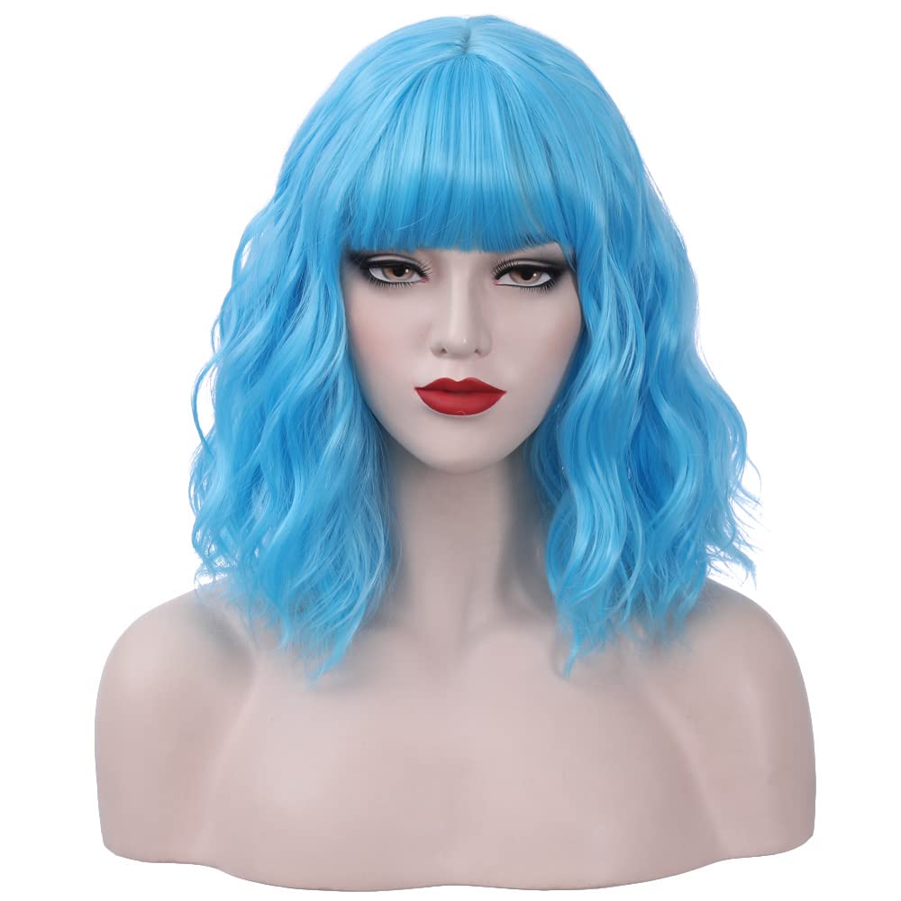 PATTNIUM 14 Inches Blue Wig Short Wavy Wig Sky Blue with Bangs Blue Bob Wig Women Girls Heat Resistant Synthetic Wig (Sky Blue)