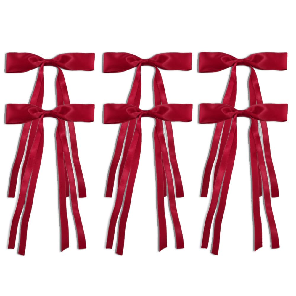 Ahoney 6pcs Bow Hair Accessories - Ribbons with Bowknots and Long Tails, Christmas Barrettes for Women and Girls (Red)